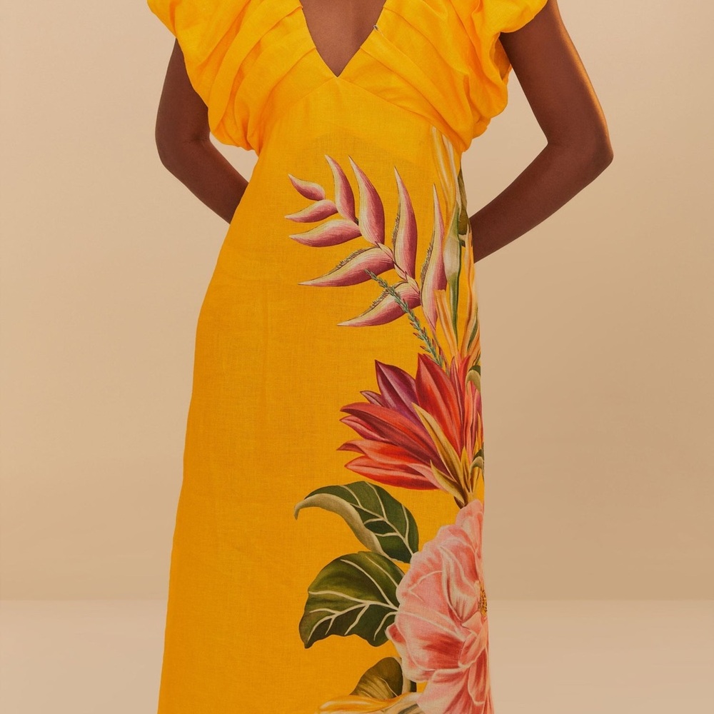 FARM Rio Yellow Floral Maxi Dress with Puff Shoulders - Picture 2 of 9